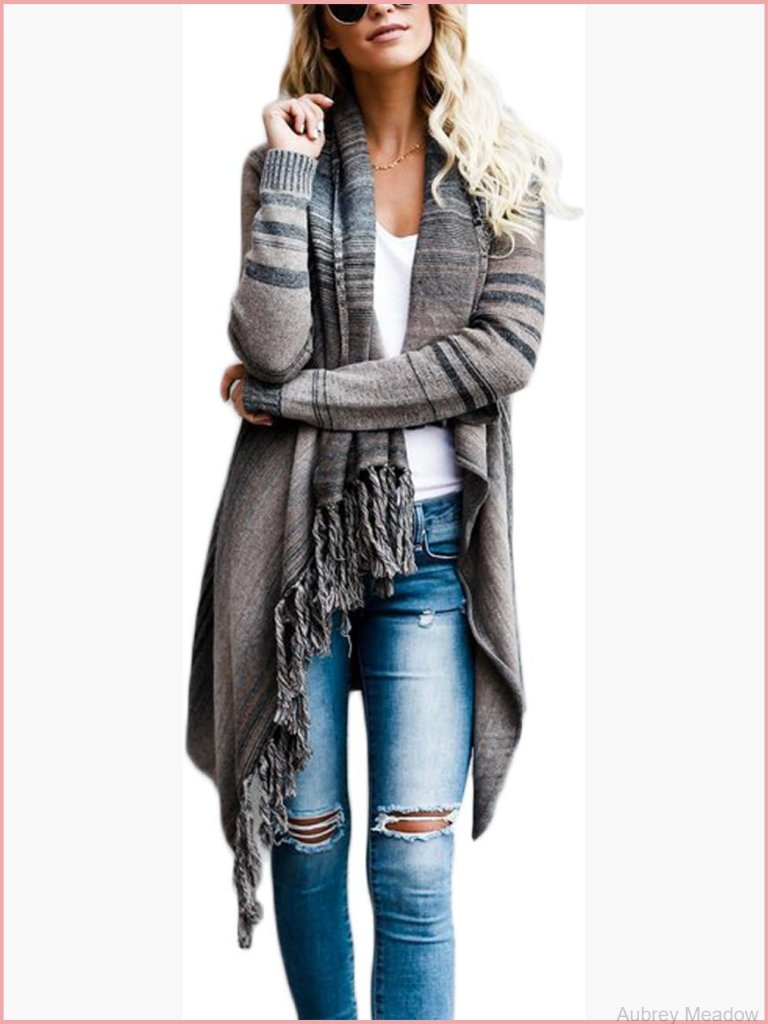 Womens Casual Knit Long Sleeve Tassels Irregular Loose Cardigan Pullover